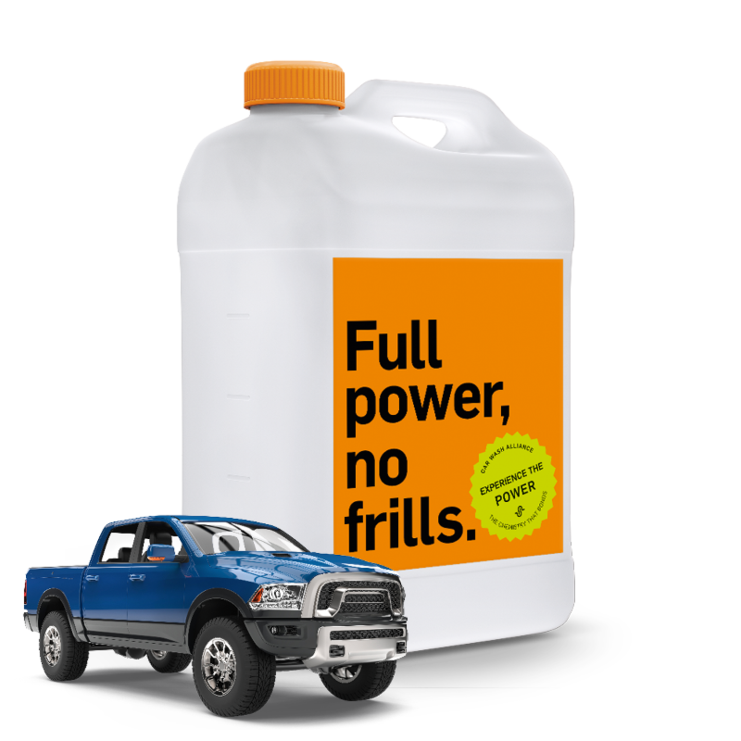 A car wash chemical canister with the Car Wash Alliance promise ‘Full power, no frills!’