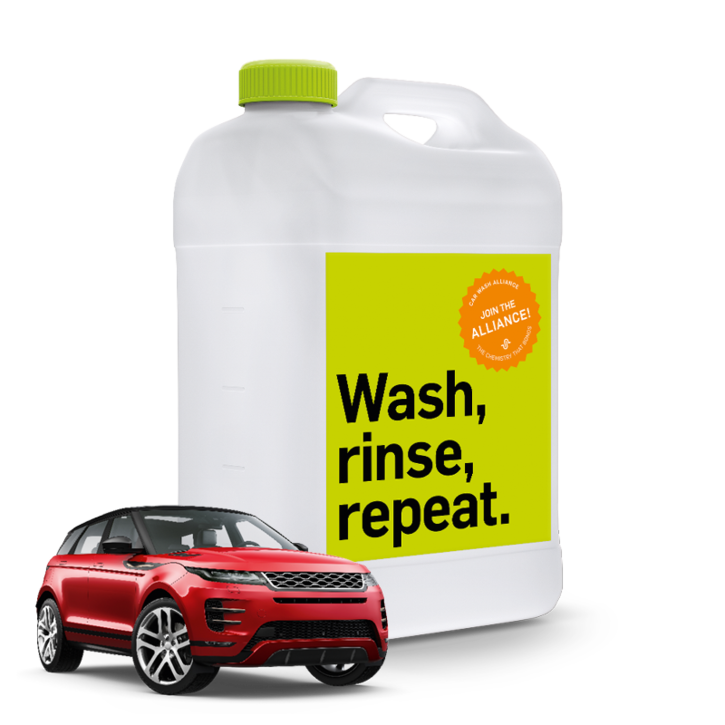 A car wash chemicals container from the car wash alliance with their slogan Wash, Rinse, Repeat on the label to show how easy car wash is with the Car Wash Alliance